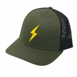 BRUCE BOLT 6-Panel MILITARY Series Mesh Snapback Trucker Hat - GREEN W/ YELLOW BOLT