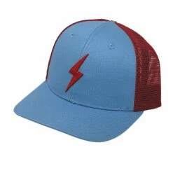 BRUCE BOLT 6-Panel SIGNATURE Series Mesh Snapback Trucker Hat - LIGHT BLUE W/ RED BOLT